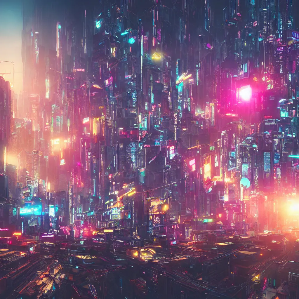 Prompt: cyberpunk city with flying cars, ultrafine highly detailed hyper colorful illustration, sharp focus, unreal engine highly rendered, global illumination, radiant light, subtle light fog, intricate and detailed environment