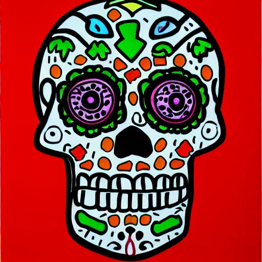 Prompt: a sugar skull by artist Keith Harring -3