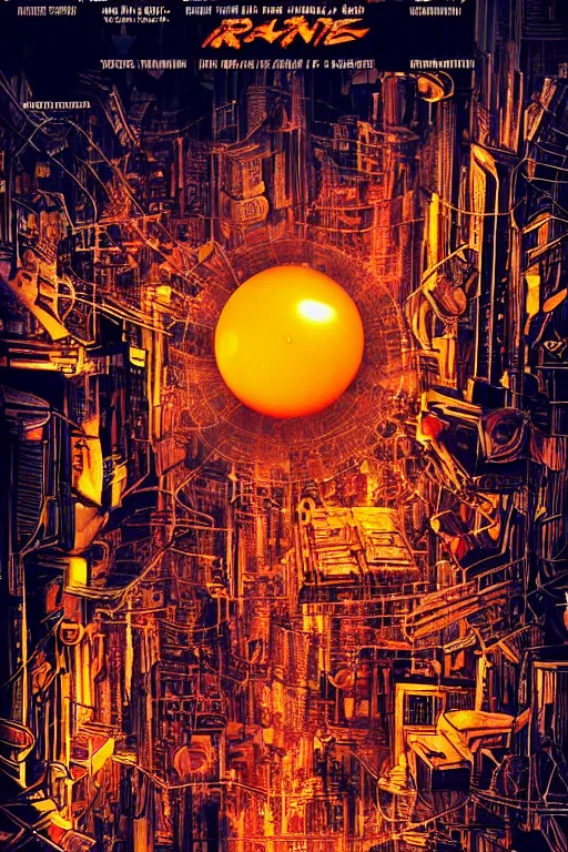 Image similar to movie poster for randypunk, intricate, orange sphere overlooking city, street gang, dramatic lighting, cyberpunk city, epic composition, bladerunner, tatsuki fujimoto