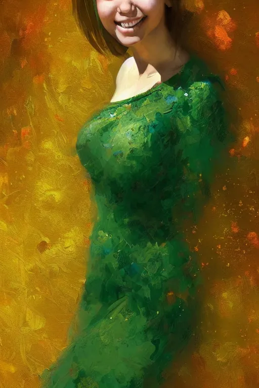 Prompt: Highly detailed portrait painting of a beautiful young woman with red hair, smiling by Craig Mullins and Ross Tran, Green dress, Golden Background, Fabric texture, Golden thread, intricate patterns, Trending on artstation, pinterest, cgsociety, 4k, 8k, HDR, award winning, unreal engine