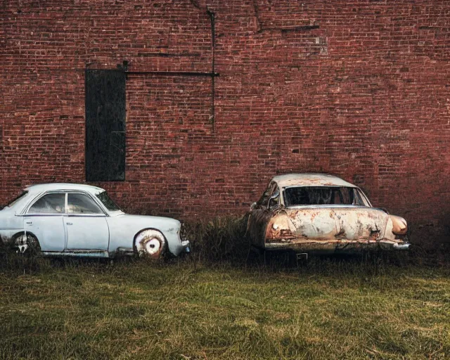 Image similar to beautiful minimalistic realistic photograph, abandoned cars park in a quiet alley by langdon clay, Peter Lippmann, VSCO film grain