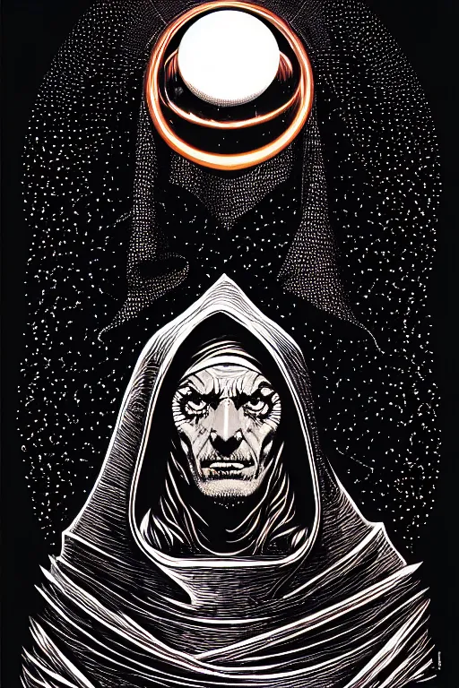 Image similar to wizard in a hooded cloak gazing into a crystal ball, high details, intricately detailed, by vincent di fate, 3 color screen print, masterpiece, trending on artstation, sharp, details, hyper - detailed, hd, 4 k, 8 k