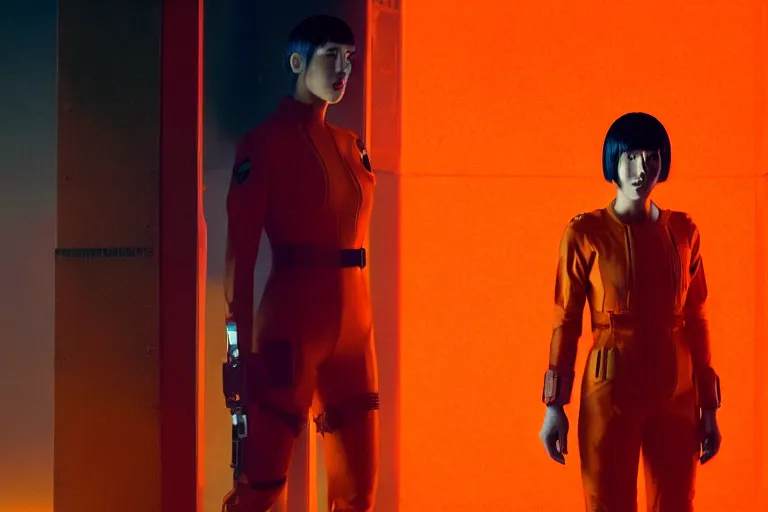 Image similar to major motoko wearing an orange prison jumpsuit, large hologram of a screaming face dominates the background, photography by fred palacio medium full shot still from bladerunner 2 0 4 9, sci fi, bladerunner, canon eos r 3, f / 3, iso 2 0 0, 1 / 1 6 0 s, 8 k, raw, unedited