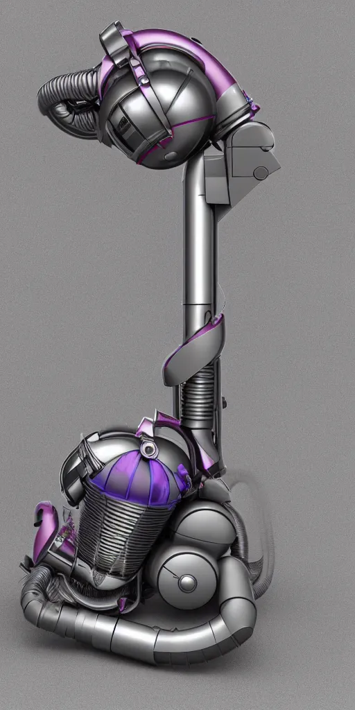 Prompt: insanely detailed product rendering of a vintage dyson vacuum cleaner, corrugated hose, chrome body, in the colors of Audrey kawasaki and style of jeff koons, unreal engine 5, nanite, quixel mixer, trending on behance, corporate 3d