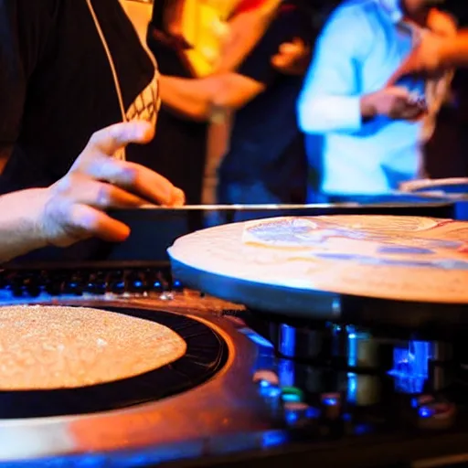 Prompt: in a night club, a disc jockey is scratching with an Israeli pita bread on a turntable