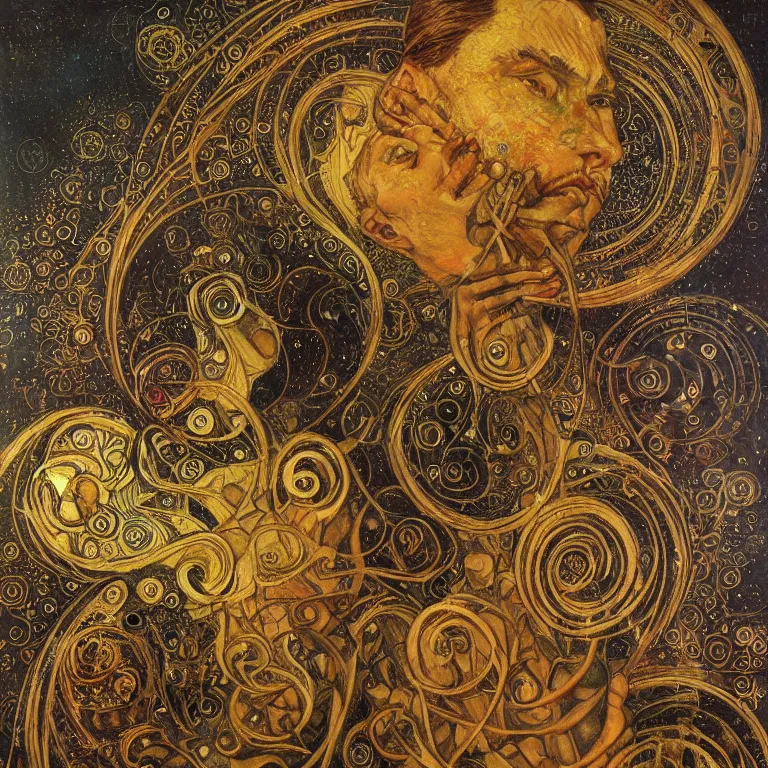 Prompt: Divine Chaos Engine portrait by Karol Bak, Jean Deville, Gustav Klimt, and Vincent Van Gogh, sacred geometry, visionary, mystic, fractal structures, ornate gilded medieval icon, spirals, horizontal symmetry