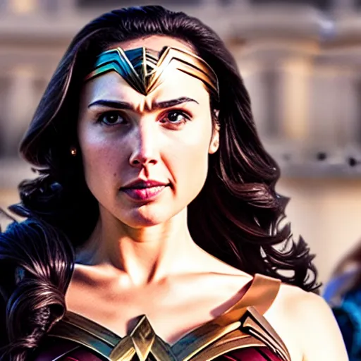 Image similar to Still of Gal Gadot as Wonder Woman, 50% Mediterranean, stunning closeup, 35mm F/1.2