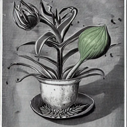 Prompt: Audrey II, the evil and boisterous flytrap-like extraterrestrial plant from Little shop of horrors. Botanic Illustration of the nordic Flora. 1905.