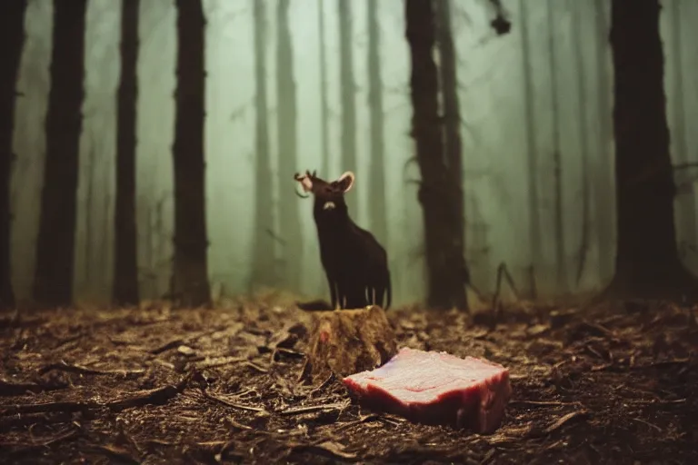 Image similar to terrible dark forest in the depths of which there is a thick butcher in a dirty shirt, chopping meat on a wooden stump, filmed hidden on a phone camera, Cinematic, wildlife photography, 35mm, photo on iphone