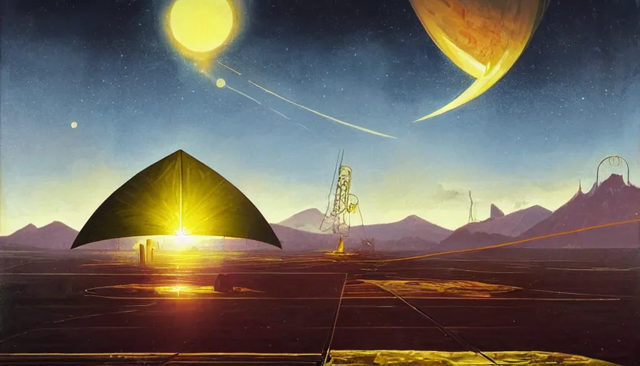Image similar to solar sail infront of sun, in space, earth visible below, art deco painting, simon stalenhag