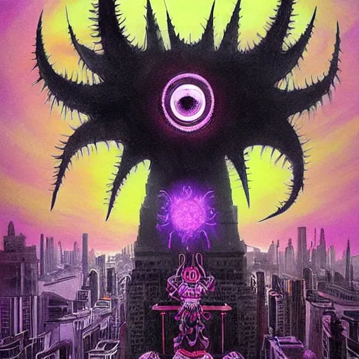 Prompt: A beautiful painting of a large, monster looming over a cityscape. The monster has several eyes and mouths, and its body is covered in spikes. It seems to be coming towards the viewer, who is looking up at it in fear. neon purple, realism, infrared by Dustin Nguyen