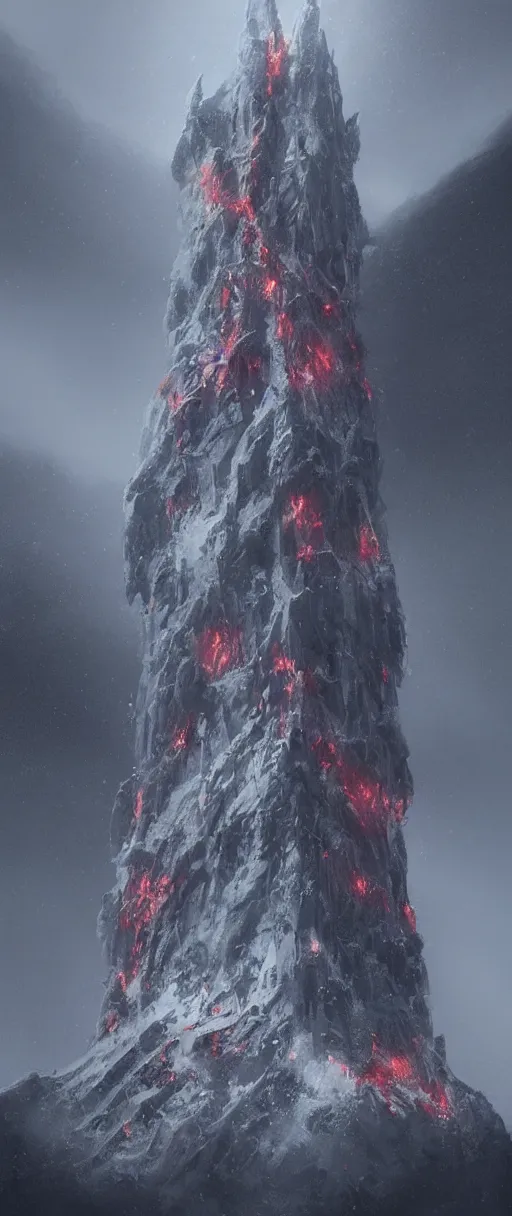 Image similar to an architectural concept of a fantasy warlock tower in the top of a volcano, during winter with snow, trending on artstation, byeytan zana, environmental concept art & design, digital 2 d