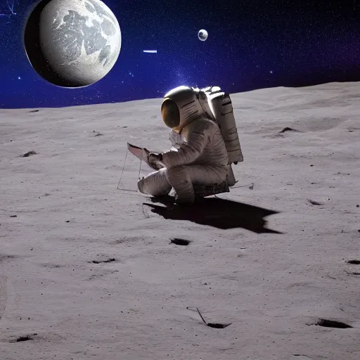 Image similar to astronaut on the Moon sitting on a bench reading a book, Planet Earth visible over the horizon, rim lighting, cinematic lighting, photo realistic image, 4K, super detailed, cinematic look, H 1024