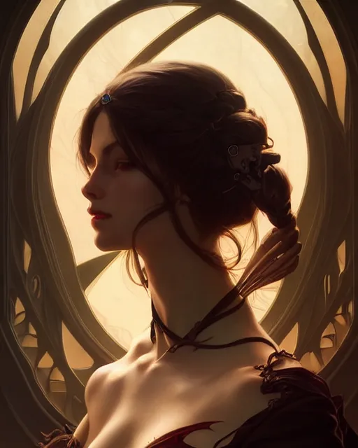 Prompt: Portrait of evil girl facing straight, face, dark fantasy, intricate, elegant, highly detailed, digital painting, artstation, concept art, smooth, sharp focus, illustration, art by artgerm and greg rutkowski and alphonse mucha