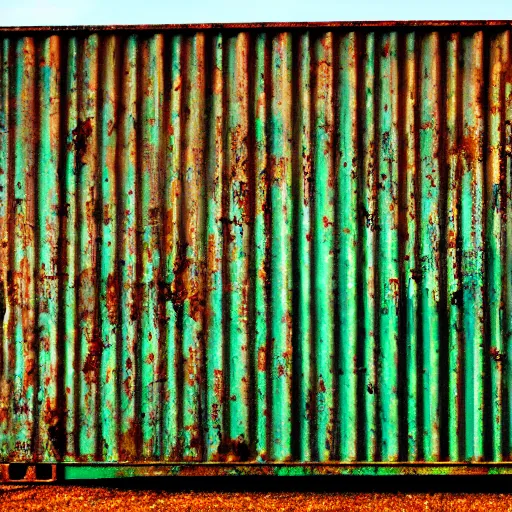 Image similar to rusty green shipping container, overcast, underexposed,