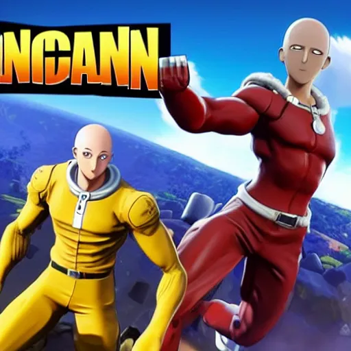 Image similar to one punch man in fortnite, character render, full body shot, highly detailed, in game render