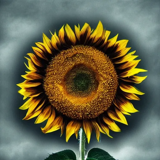 Prompt: a sad! sunflower on a rainy! day, standing in a wide field!, in a symbolic and meaningful style, trending on artstation, rj palmer.