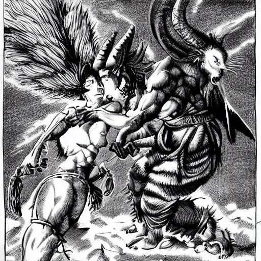 Prompt: Baphomet fistfighting a savage woman with wild spiky black Saiyan hair, dark dungeon, bloody walls, fantasy art, esoteric Satanic art, absurd quality