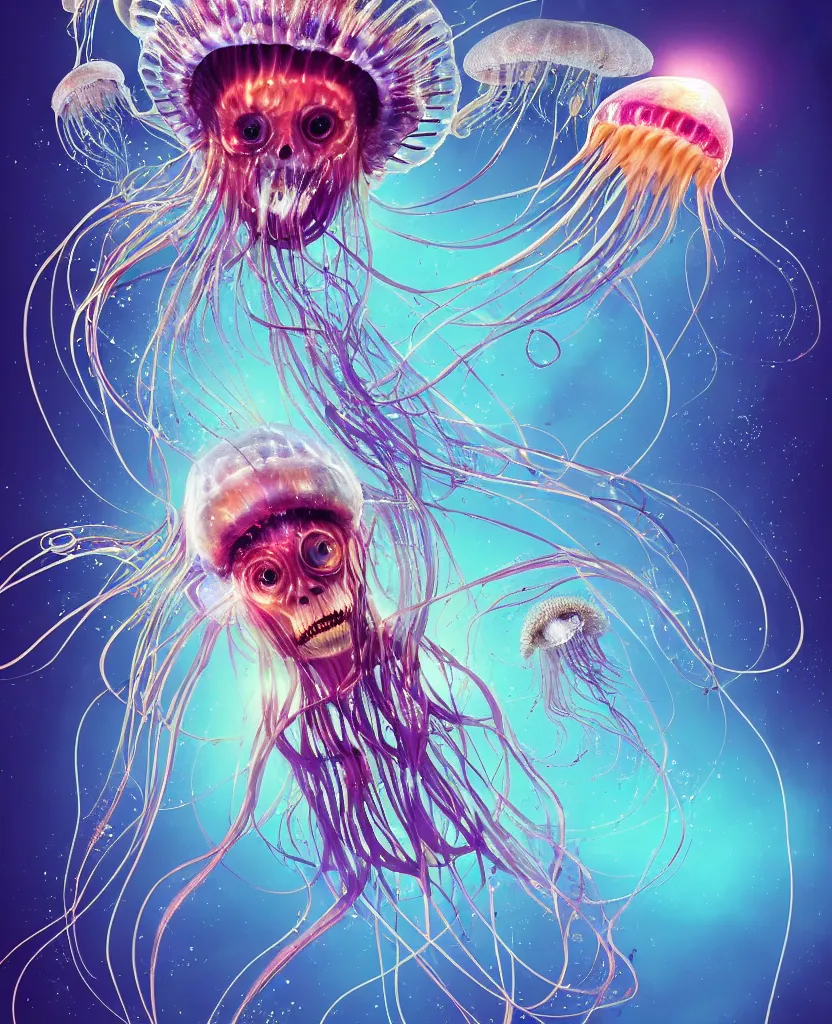 Image similar to close-up portrait of the face of a beautiful princess in a twisted flowers jellyfish mask in a spaceman suit surrounded by energy flow, epic angle and pose, symmetrical artwork, 3d with depth of field, blurred background, floating jellyfish skull phoenix bird, translucent, nautilus, energy flows of water and fire. a highly detailed epic cinematic concept art CG render. made in Maya, Blender and Photoshop, octane render, excellent composition, cinematic dystopian brutalist atmosphere, dynamic dramatic cinematic lighting, aesthetic, very inspirational, arthouse. y Greg Rutkowski, Ilya Kuvshinov, WLOP, Stanley Artgerm Lau, Ruan Jia and Fenghua Zhong