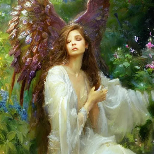 Prompt: an exquisite portrait painting of a beautiful angel with her wings spread out, in a dreamy garden by daniel gerhartz. highly detailed, back lit, beautiful painting, soft illumination, atmospheric, ethereal