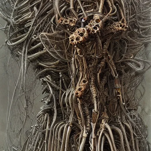 Image similar to organic cyborg alien skeleton style of peter gric Lovecraftian alien centipede dark celestial