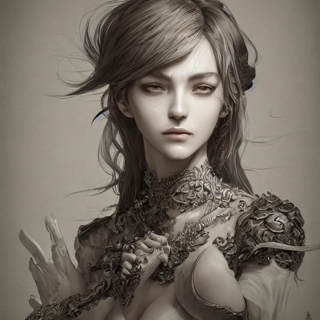 Prompt: a portrait of a lawful evil alignment personified as an absurdly beautiful, graceful, elegant, sophisticated, evil young sensual girl, an ultrafine hyperdetailed illustration by kim jung gi, irakli nadar, detailed faces, intricate linework, octopath traveler, final fantasy, unreal engine 5 highly rendered, global illumination, radiant light, detailed and intricate environment