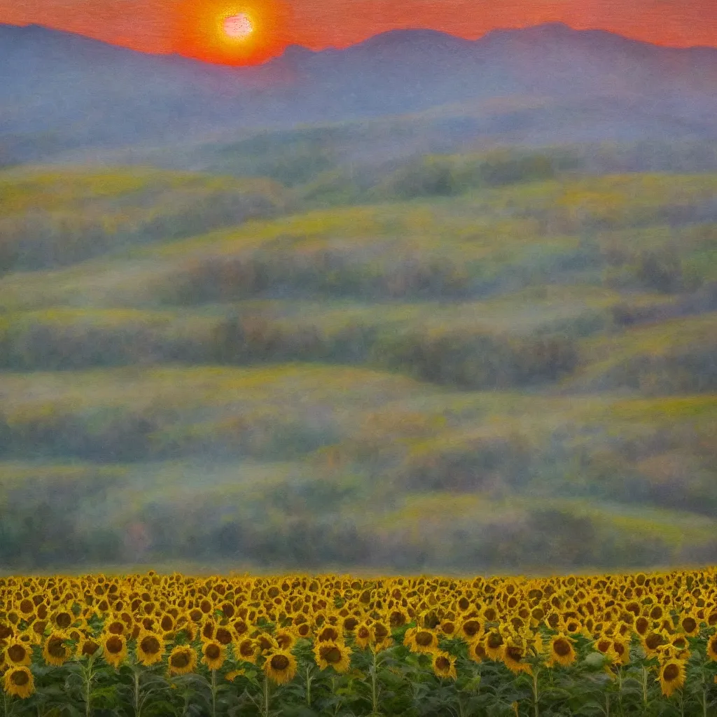 Image similar to impressionism painting of a field of sunflower on a foggy morning, red barn in distance, sun low on horizon through snow capped mountains, soft light