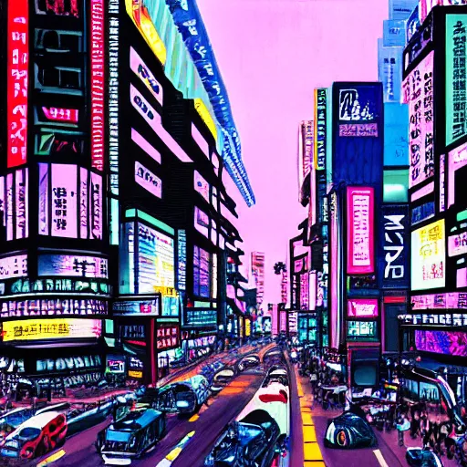 Prompt: synthwave painting of cyberpunk shibuya tokyo,