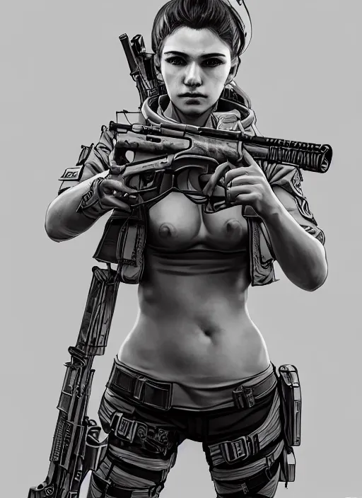 Image similar to the portrait of lawful neutral russian female cyberpunk marine sniper as absurdly beautiful, gorgeous, elegant, young gravure idol, an ultrafine hyperdetailed illustration by kim jung gi, irakli nadar, intricate linework, bright colors, octopath traveler, final fantasy, unreal engine 5 highly rendered, global illumination, radiant light, detailed and intricate environment