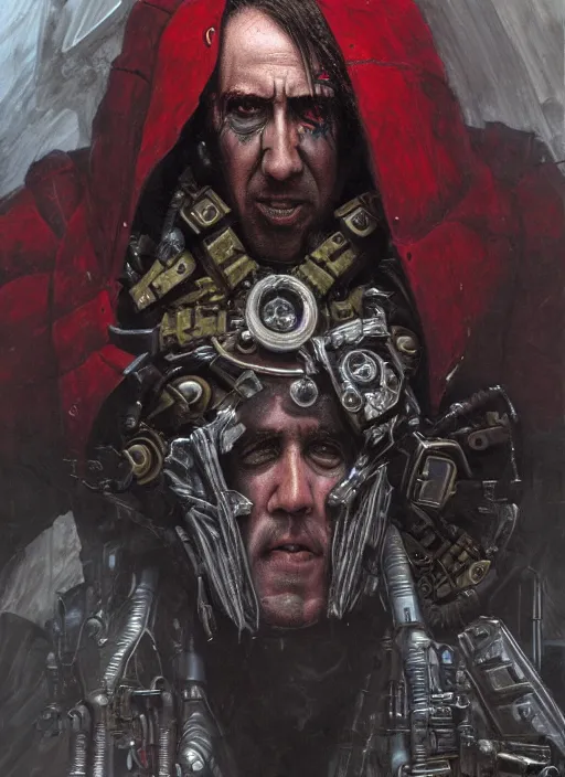 Image similar to portrait of rotten Nicolas Cage as adeptus mechanicus in red hood and robe from Warhammer 40000. Highly detailed, artstation, illustration by and John Blanche and zdislav beksinski and wayne barlowe