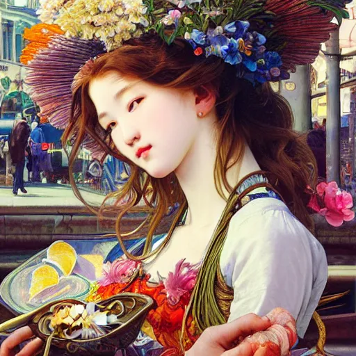 Image similar to a masterpiece ultrarealistic ultradetailed portrait of beautiful love fishmonger girl on street market baroque renaissance. medium shot, intricate, elegant, by stanley artgerm lau, wlop, alphonse mucha, rossdraws, andrei riabovitchev, yoshitaka amano. flower background my james jeand and takashi murakami.