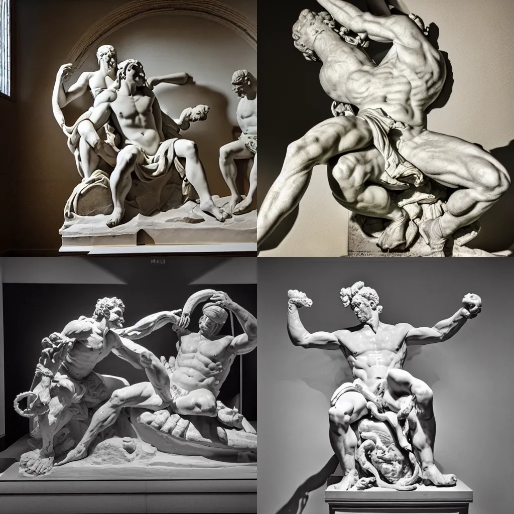 Prompt: museum photograph showing the laocoon as a reinterpretation made out ice, brightly lit, high contrast shadows