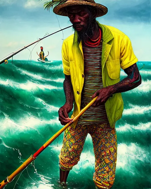 Prompt: Fisherman, Jamaican Male Fisherman, casting fishing rod into the sea, Illustration, Third-Person View, Depth of Field, Colorful with Yellow Green Black Red, calico cloth, insanely detailed and intricate, hypermaximalist, jamaican vibe, hyper realistic, super detailed, by Charlie Bowater, by Karol Bak