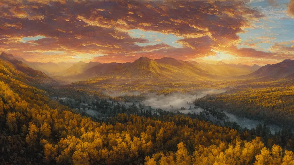 Prompt: The most beautiful panoramic landscape, oil painting, where the mountains are towering over the valley below their peaks shrouded in mist. The sun is just peeking over the horizon producing an awesome flare and the sky is ablaze with warm colors. The river is winding its way through the valley and the trees are starting to turn yellow and red, by Greg Rutkowski, aerial view