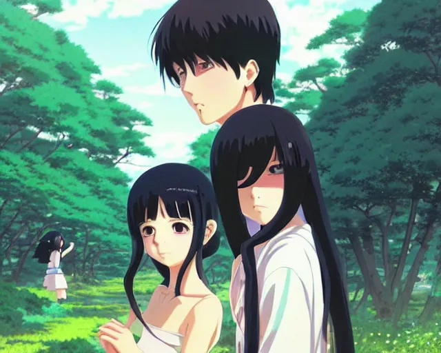 Image similar to beautiful anime girl with long black hair and bangs, beautiful anime guy with white hair, wearing black clothes, couple, fine details portrait, japense village in background, bokeh. anime masterpiece by Studio Ghibli. illustration, sharp high-quality anime illustration in style of Ghibli, Ilya Kuvshinov, Artgerm