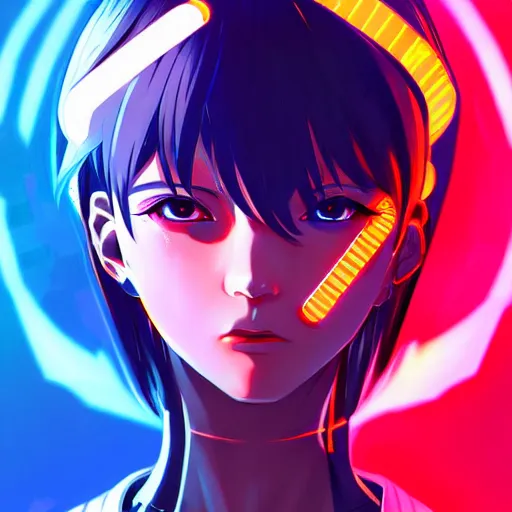 Image similar to digital cyberpunk anime character concept art, gorgeous anime girl symmetrical face, small female android cyborg - angel, glowing red left eye and glowing blue right eye, fullbody!! wlop, rossdraws sakimimichan, ilya kuvshinov, krenz cushart, greg rutkowski.