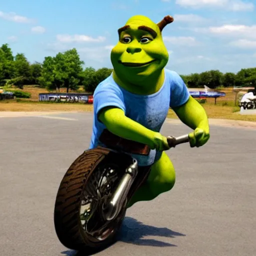 Prompt: shrek doing Motorcycle wheelie