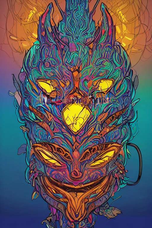 Image similar to animal mask totem roots tribal feather gemstone plant wood rock shaman vodoo video game vector illustration vivid multicolor borderlands comics by josan gonzales and dan mumford radiating a glowing aura