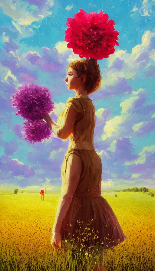 Image similar to girl with giant flower as a face and flower dress, standing in a flower field hills, big trees, sunrise dramatic light, impressionist painting, colorful clouds, digital painting, pointillism, artstation, simon stalenhag