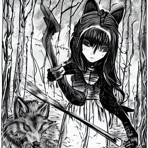 Image similar to Little girl with katana meets werewolf in the woods, spooky, creepy, scary, dark, misty