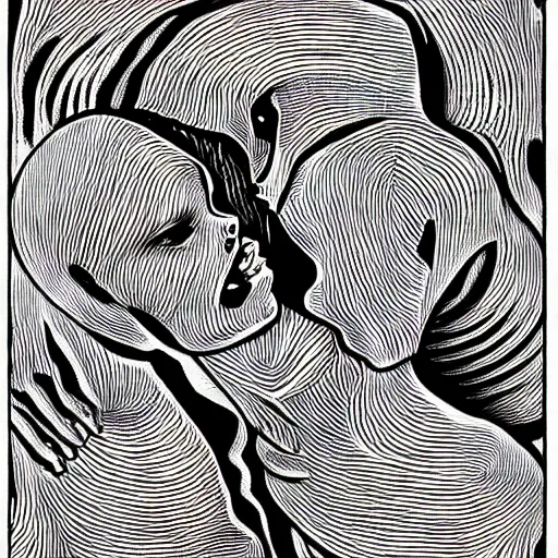 Image similar to two women kissing each other by h. r. giger and junji ito, op art with big bold patterns
