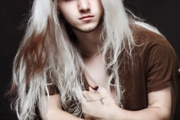 Image similar to young cute pretty boy with white long hair