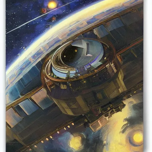 Image similar to a highly detailed beautiful portrait of circular space station with elevator connected to earth, by gregory manchess, james gurney, james jean