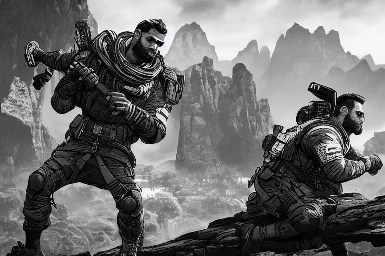 Prompt: gigachad in apex legends, ingame screenshot, black and white, high detail