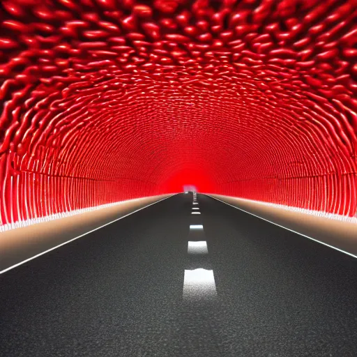 Image similar to we are inside tunnel of large artery tube with cell wall, small light yellow cholesterol cells clump on tunnel wall causing blockage, show also red corpuscles, emphasize flashing red warning lights background, haze, red shift, ultra high detail, realistic render, cinematic, octane render