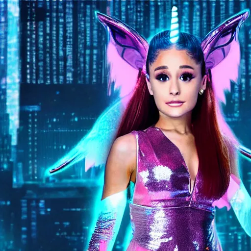 Prompt: ariana grande as a ceo flying a unicorn, cyberpunk, photography, realistic,