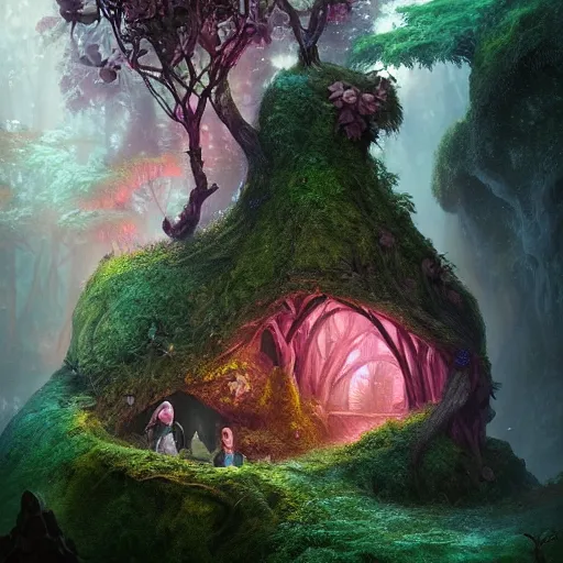 Prompt: the overgrown elvish cave village by charlie bowater and anna dittmann and artgerm and clemens ascher, intricate, elegant, pink and blue and green mist, highly detailed, dramatic lighting, sharp focus, octane render, trending on artstation, artstationhd, artstationhq, unreal engine, 4 k, 8 k