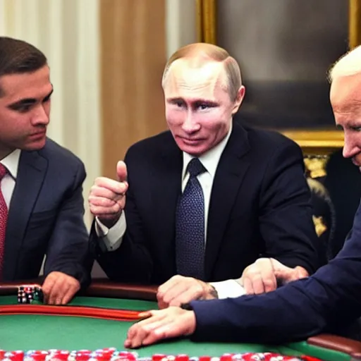 Prompt: Putin playing poker with Biden in a dark scary room, both are smoking, noir