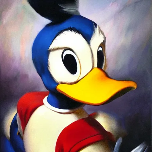 Image similar to ultra realistic portrait painting of donald duck, art by frank frazetta, 4 k, ultra realistic, highly detailed, epic lighting