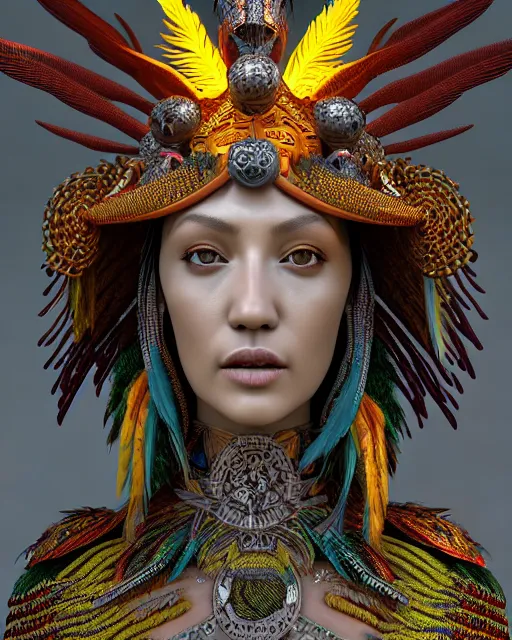 Image similar to 3 d warrior goddess close - up profile portrait. beautiful intricate highly detailed mexican magpie helm and richly embroidered blouse, quetzalcoatl, stingray, bioluminescent, plasma, lava, ice, feather, wind, stormy, artwork by tooth wu and wlop and annie leibovitz, octane 3 d render
